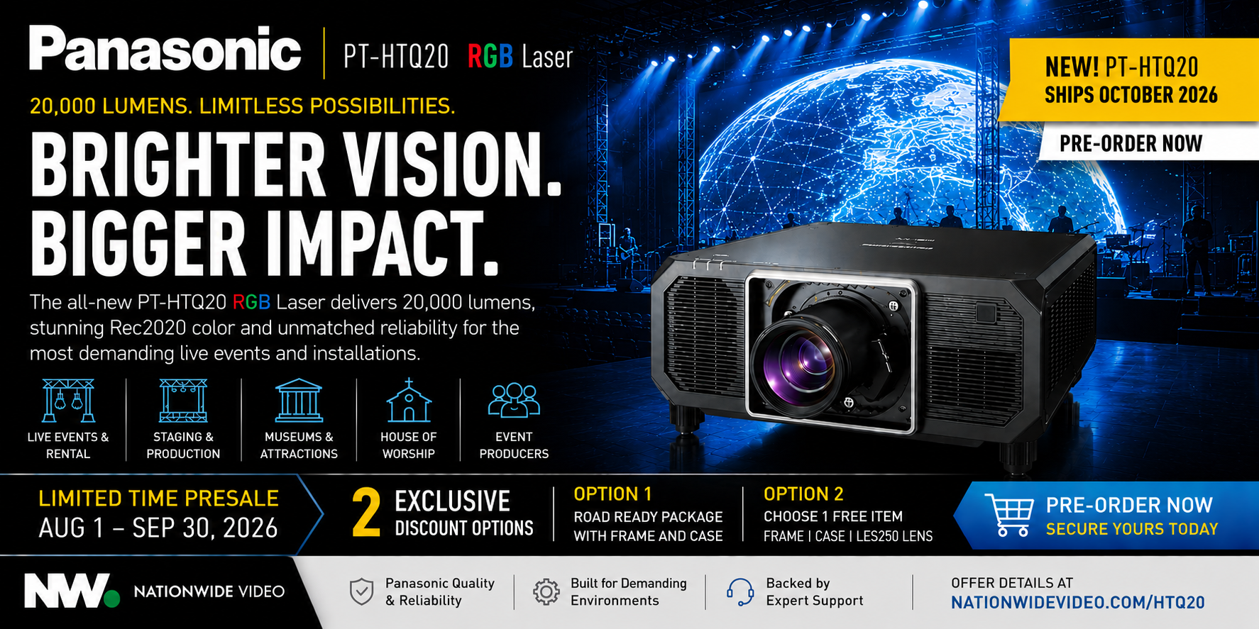 Panasonic PT-HTQ20 RGB Laser Projector on a concert stage with blue lighting beams. New PT-HTQ20, ships October 2026, pre-order now.